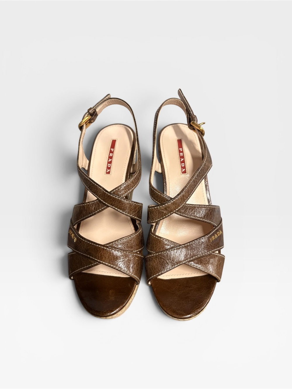 Prada Metallic Brown Leather Crisscross Sandals